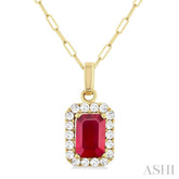 6x4 MM Octagonal Shape Ruby and 1/6 Ctw Round Cut Diamond Halo Precious Pendant with Chain in 10K Yellow Gold
